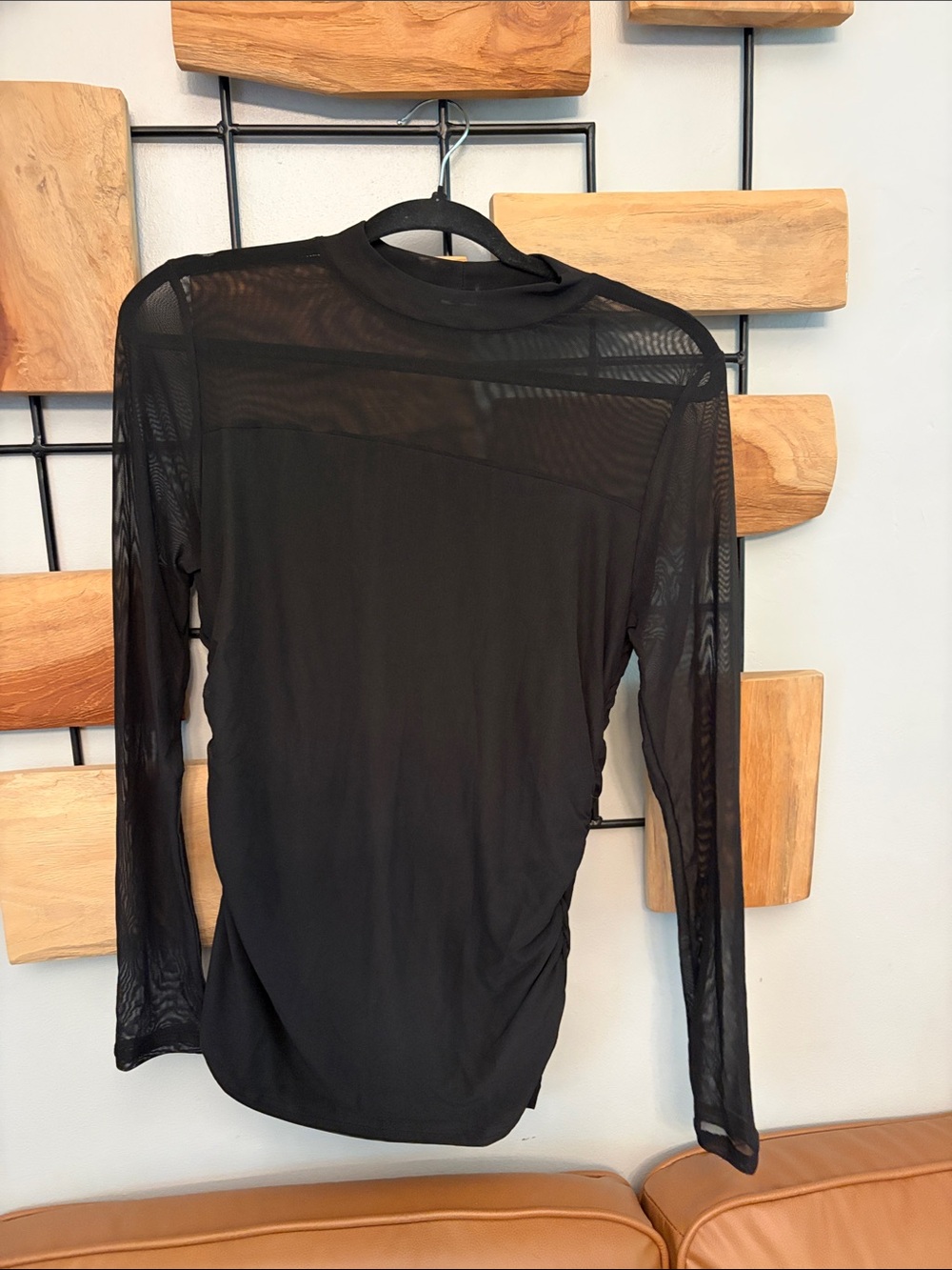Women's Black Sheer Long-Sleeve Mock Neck Top